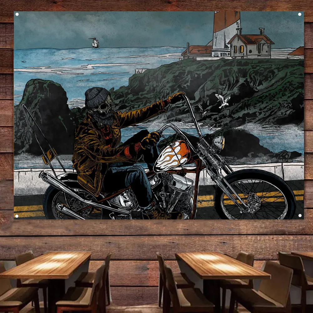Auto Repair Shop Banners - Scheletro sul mare Biker Motorcycle Art